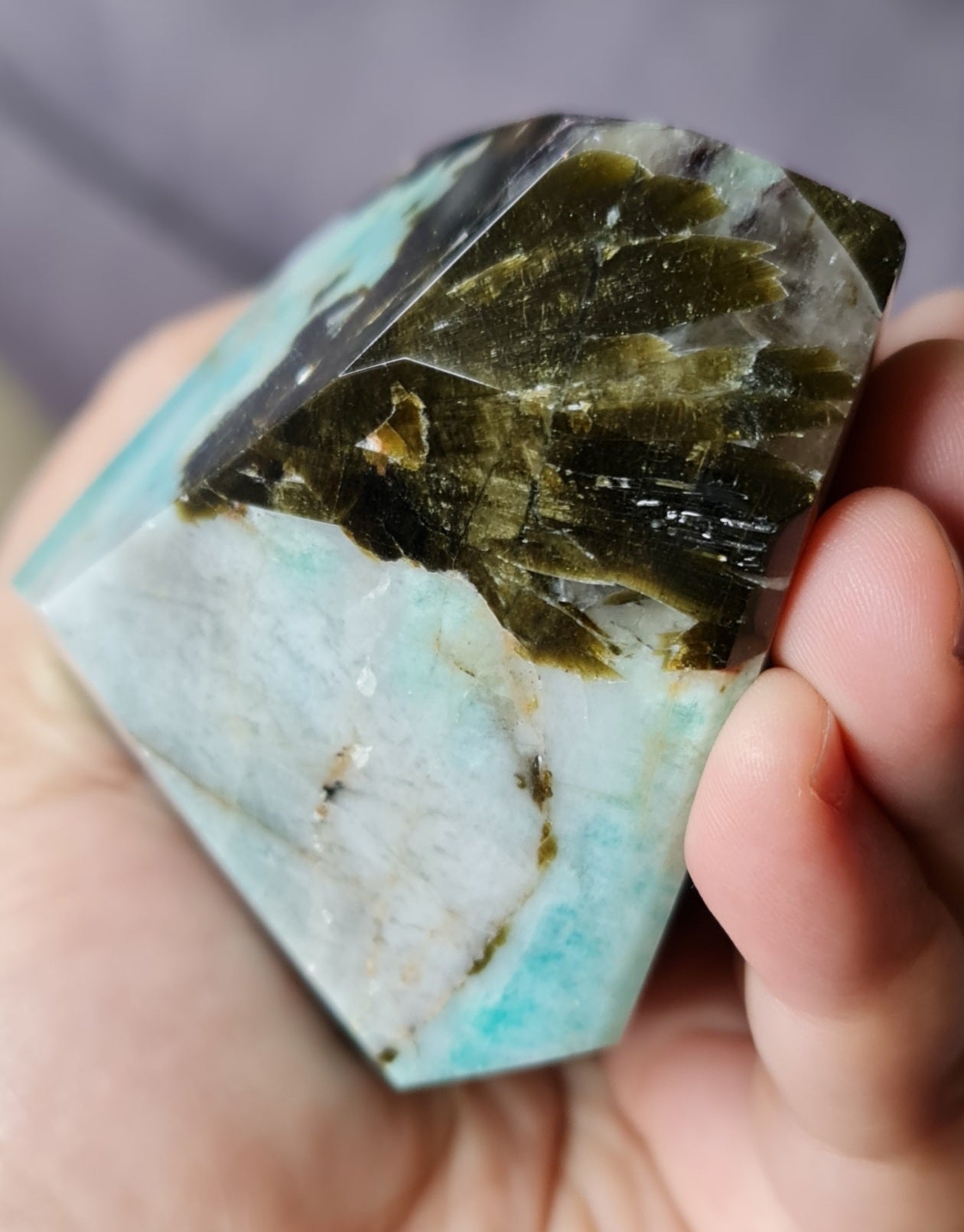Amazonite with Epidote, Smoky and Clear Quartz and Lepidolite