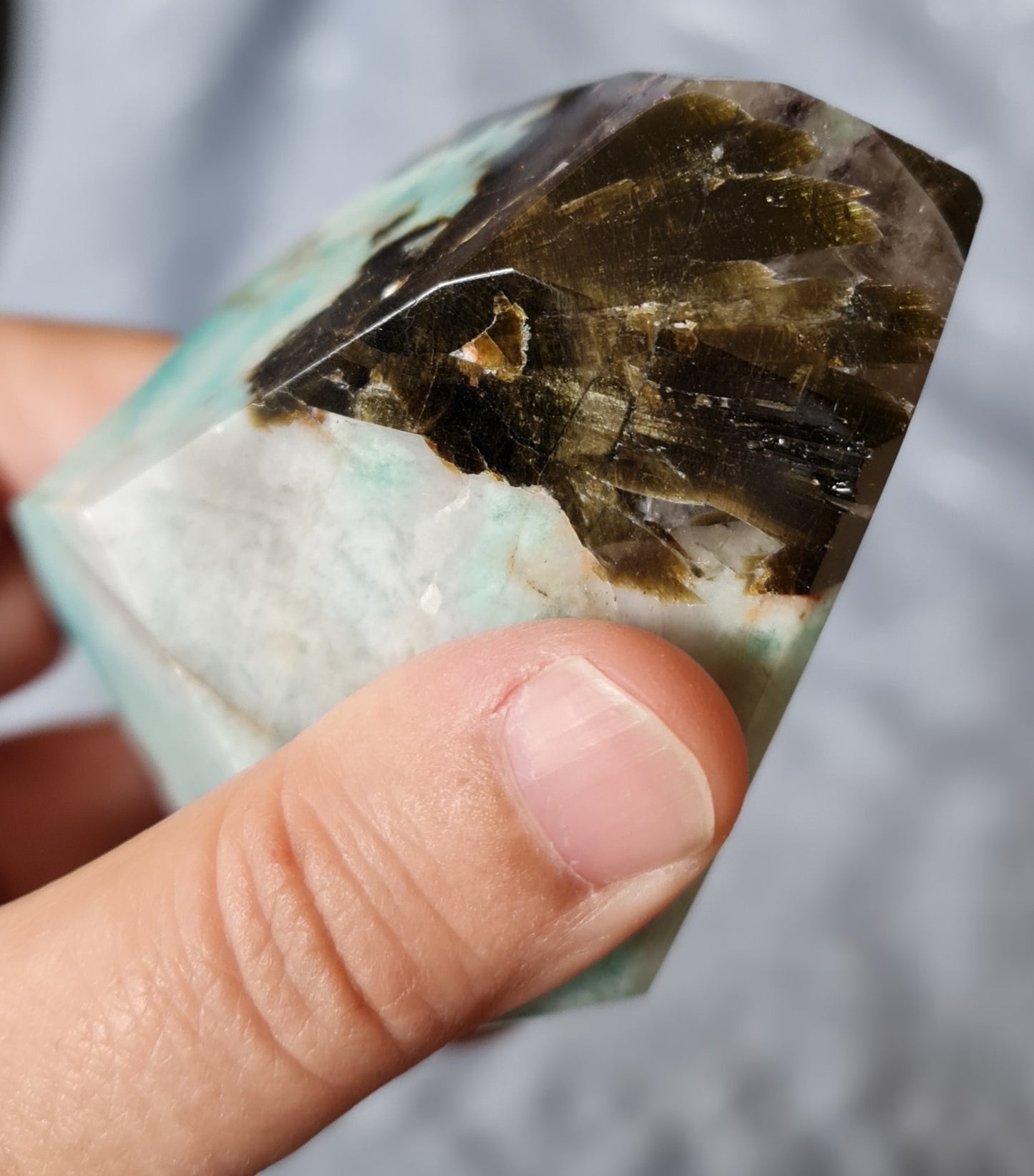 Amazonite with Epidote, Smoky and Clear Quartz and Lepidolite