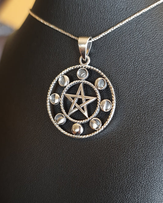 Moon Phase Pentacle Sterling Silver Pendant