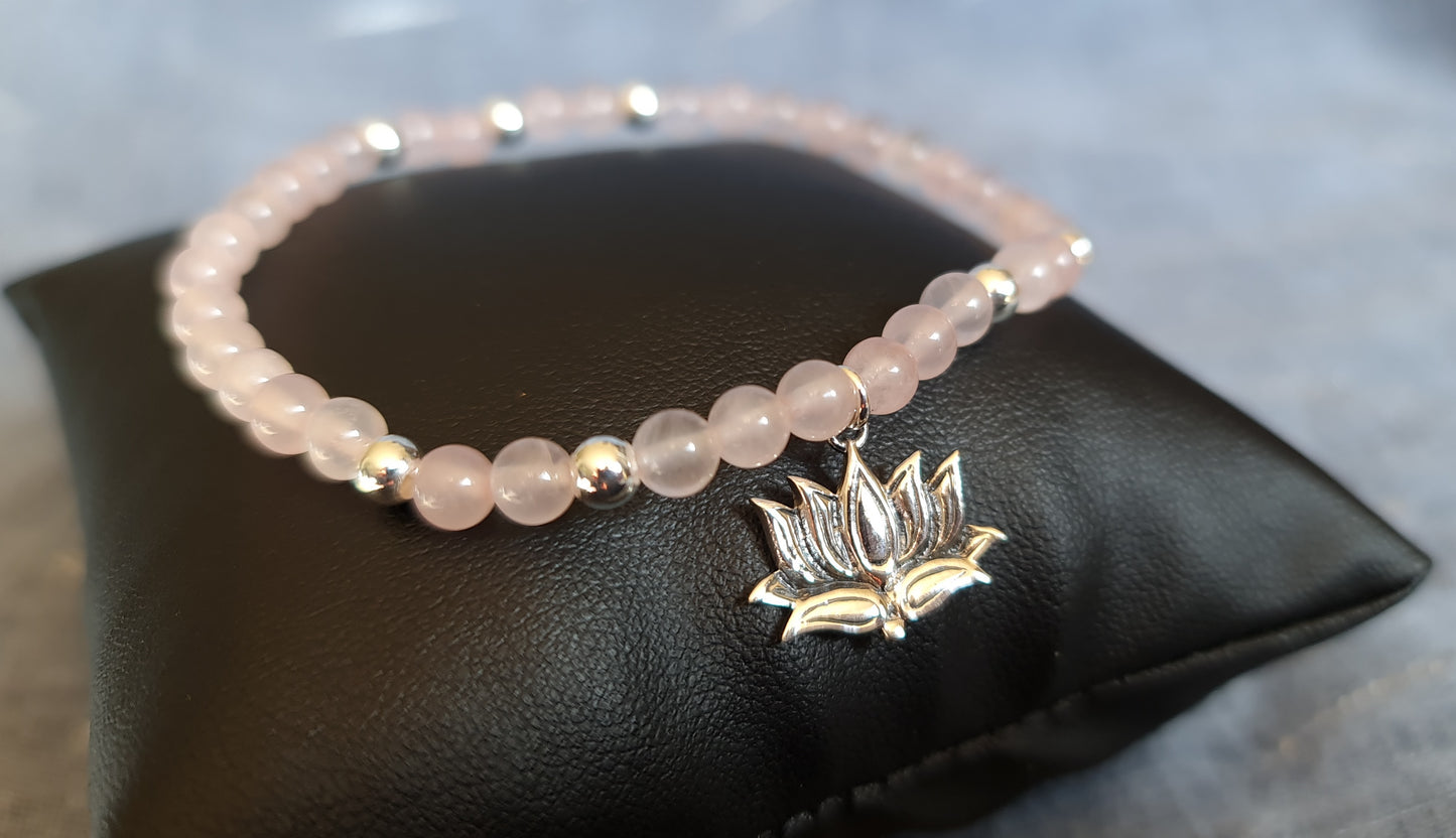 Rose Quartz Bracelet with Sterling Silver Lotus