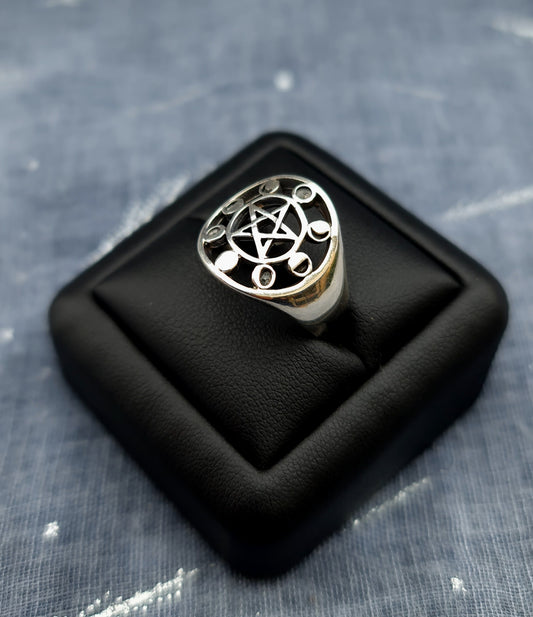 Sterling Silver Moon Phase Pentacle Ring