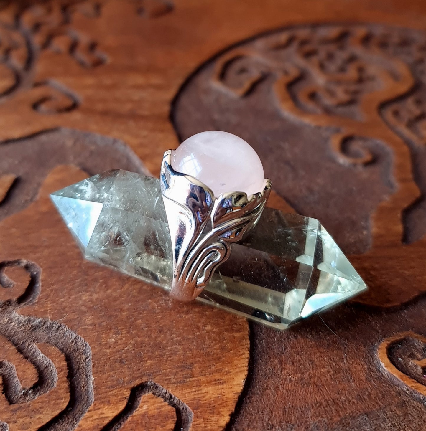 Rose Quartz Sterling Silver Leaf Ring