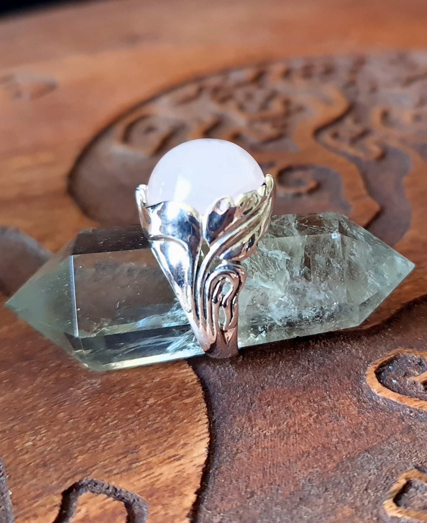 Rose Quartz Sterling Silver Leaf Ring