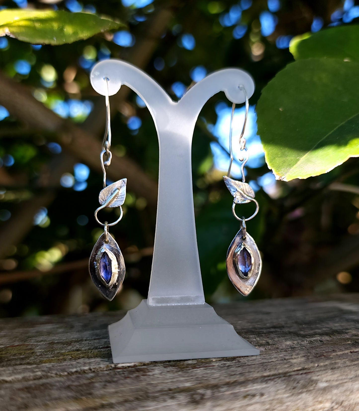 Handcrafted Sterling Silver & Iolite Leaf Earrings