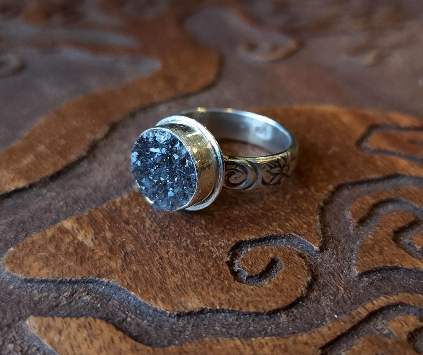 Handcrafted Amethyst Druzy Sterling Silver Ring - Size 8.25