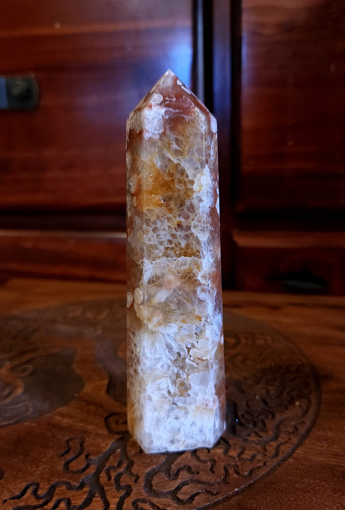 Flower Agate & Golden Healer Quartz Druzy Tower