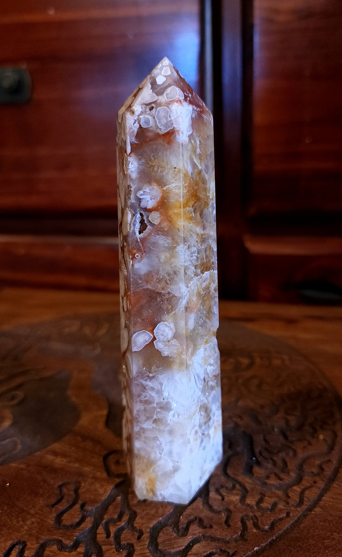 Flower Agate & Golden Healer Quartz Druzy Tower