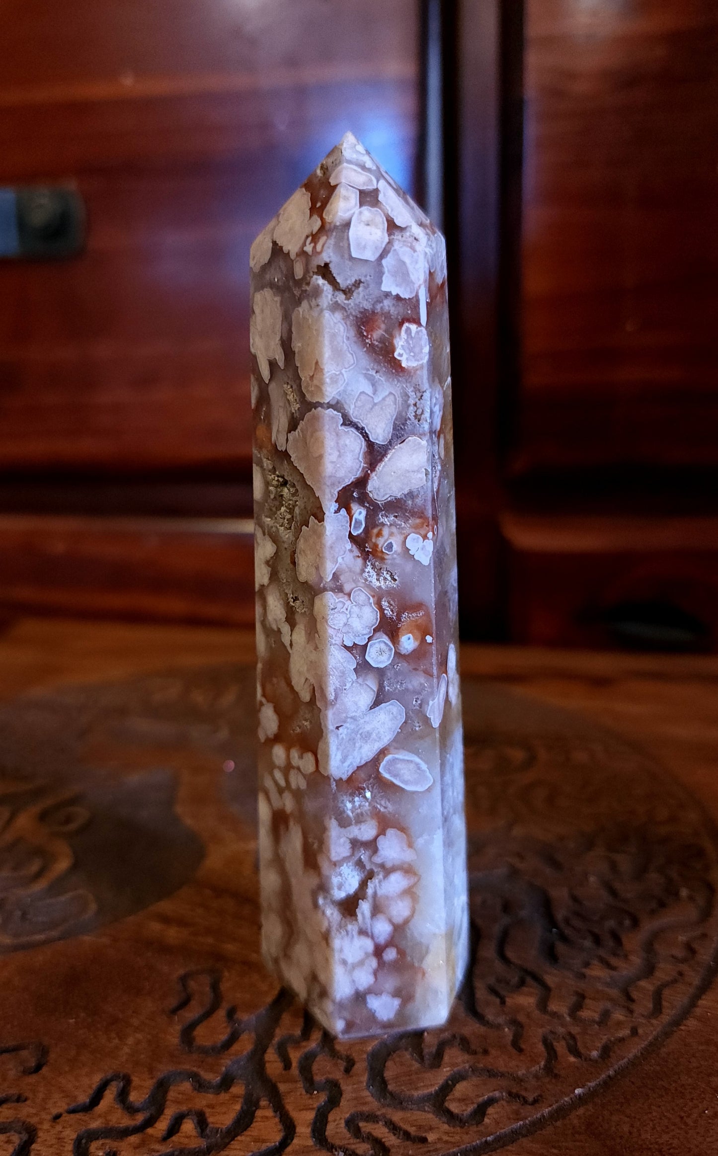 Flower Agate & Golden Healer Quartz Druzy Tower