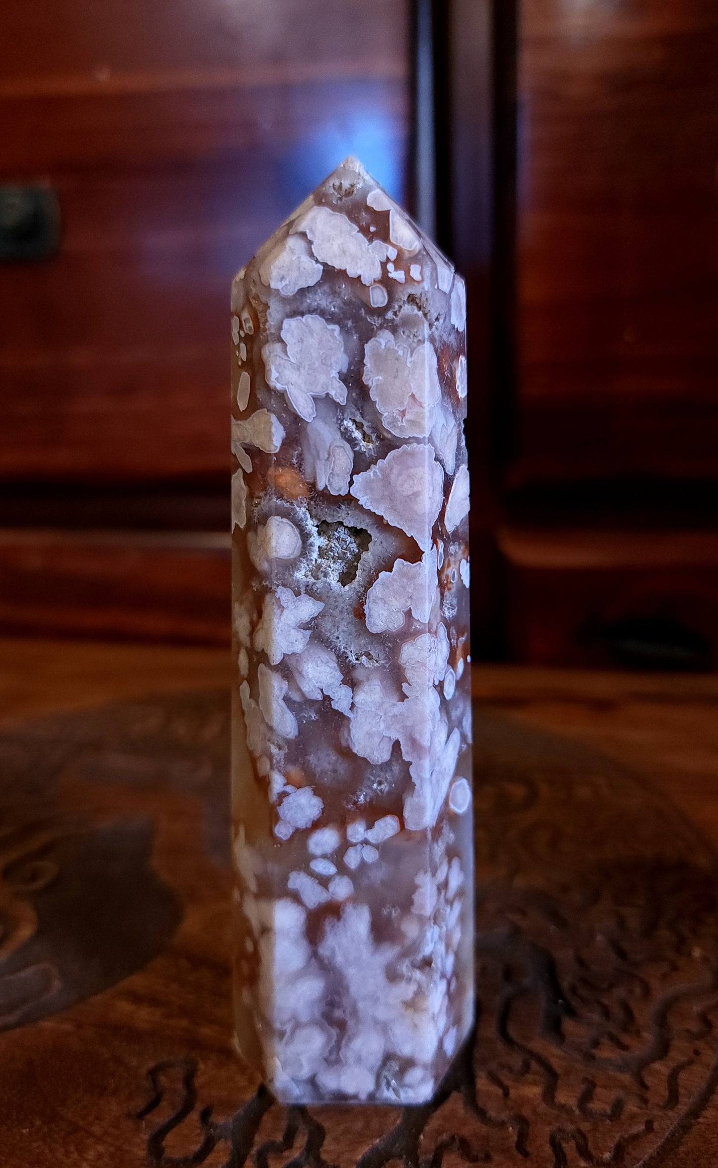 Flower Agate & Golden Healer Quartz Druzy Tower