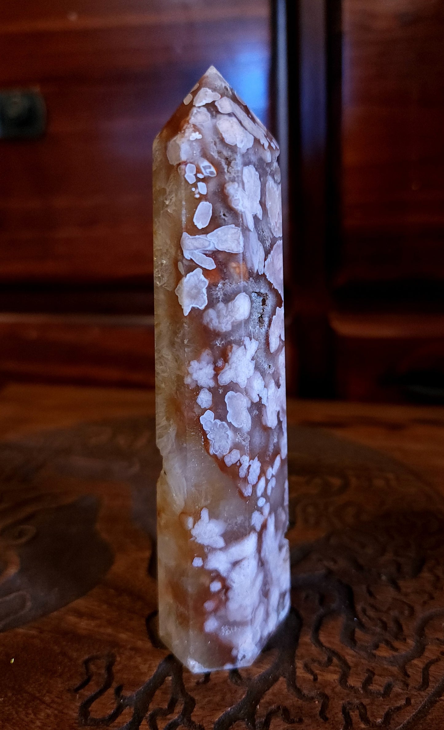 Flower Agate & Golden Healer Quartz Druzy Tower
