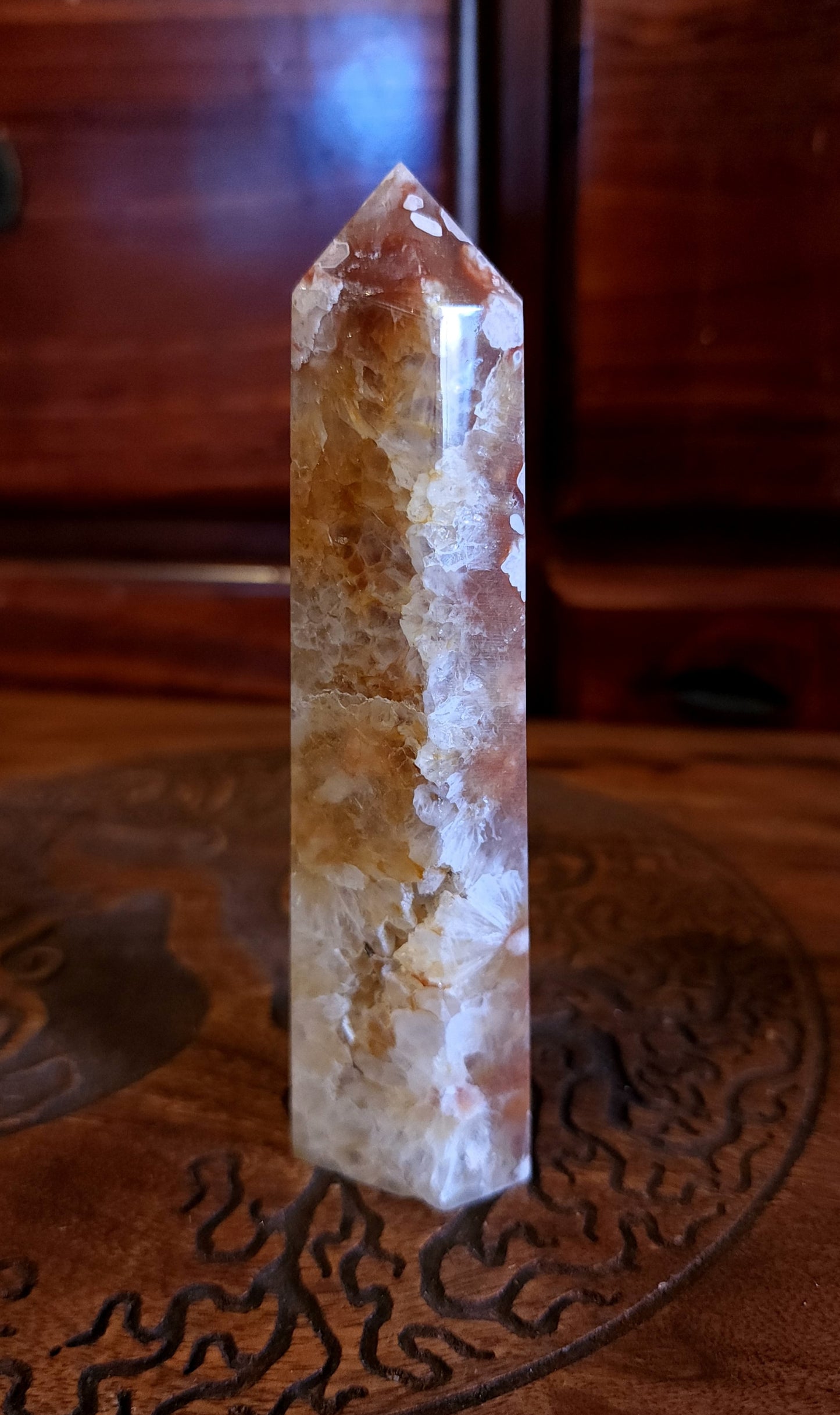 Flower Agate & Golden Healer Quartz Druzy Tower