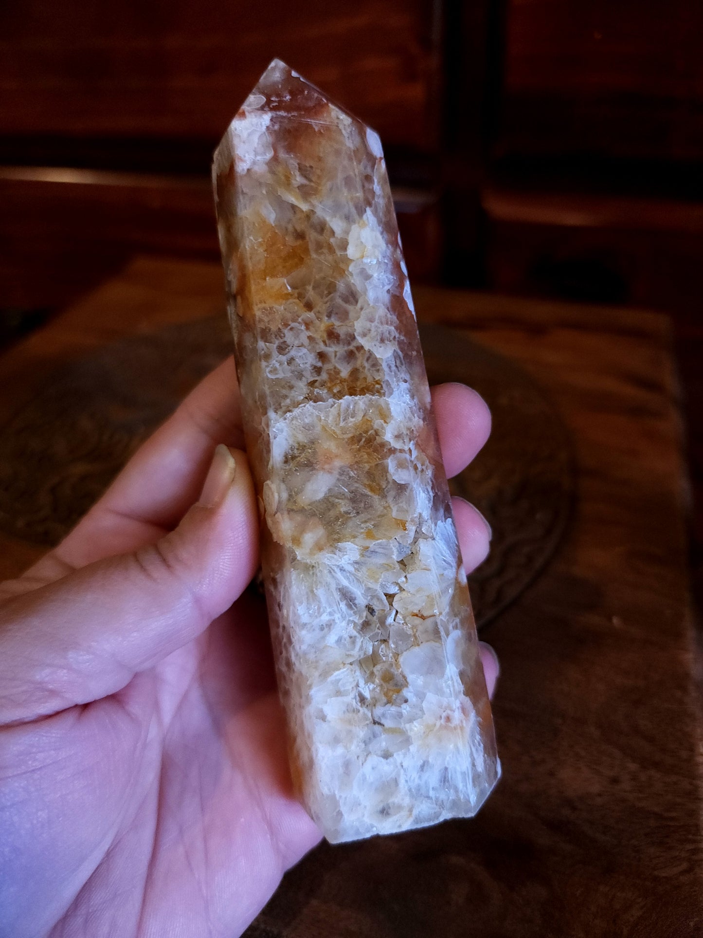Flower Agate & Golden Healer Quartz Druzy Tower