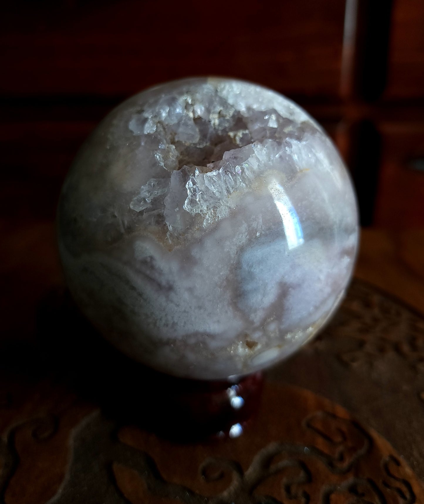 Cherry Blossom Agate Sphere with Druzy