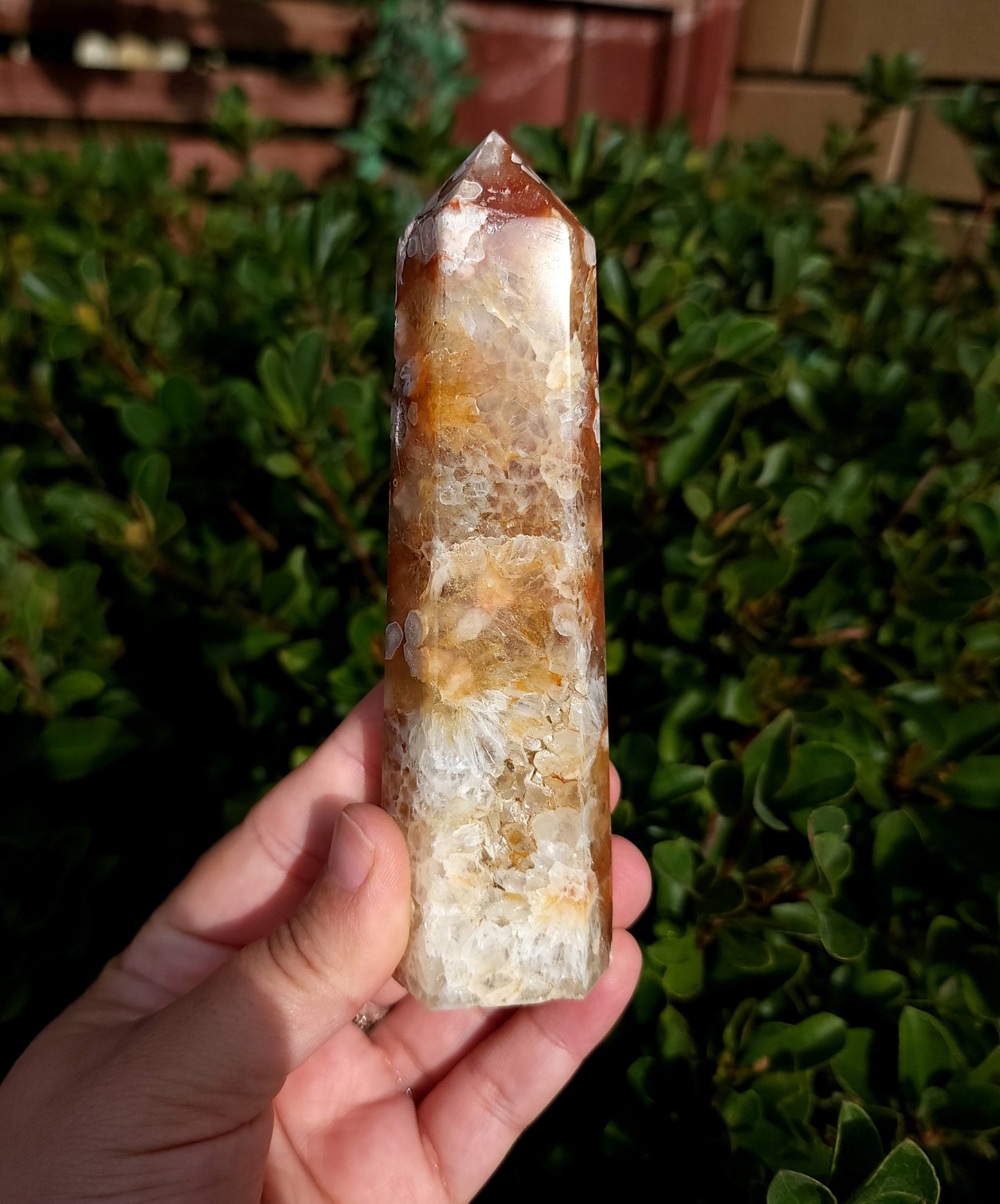 Flower Agate & Golden Healer Quartz Druzy Tower