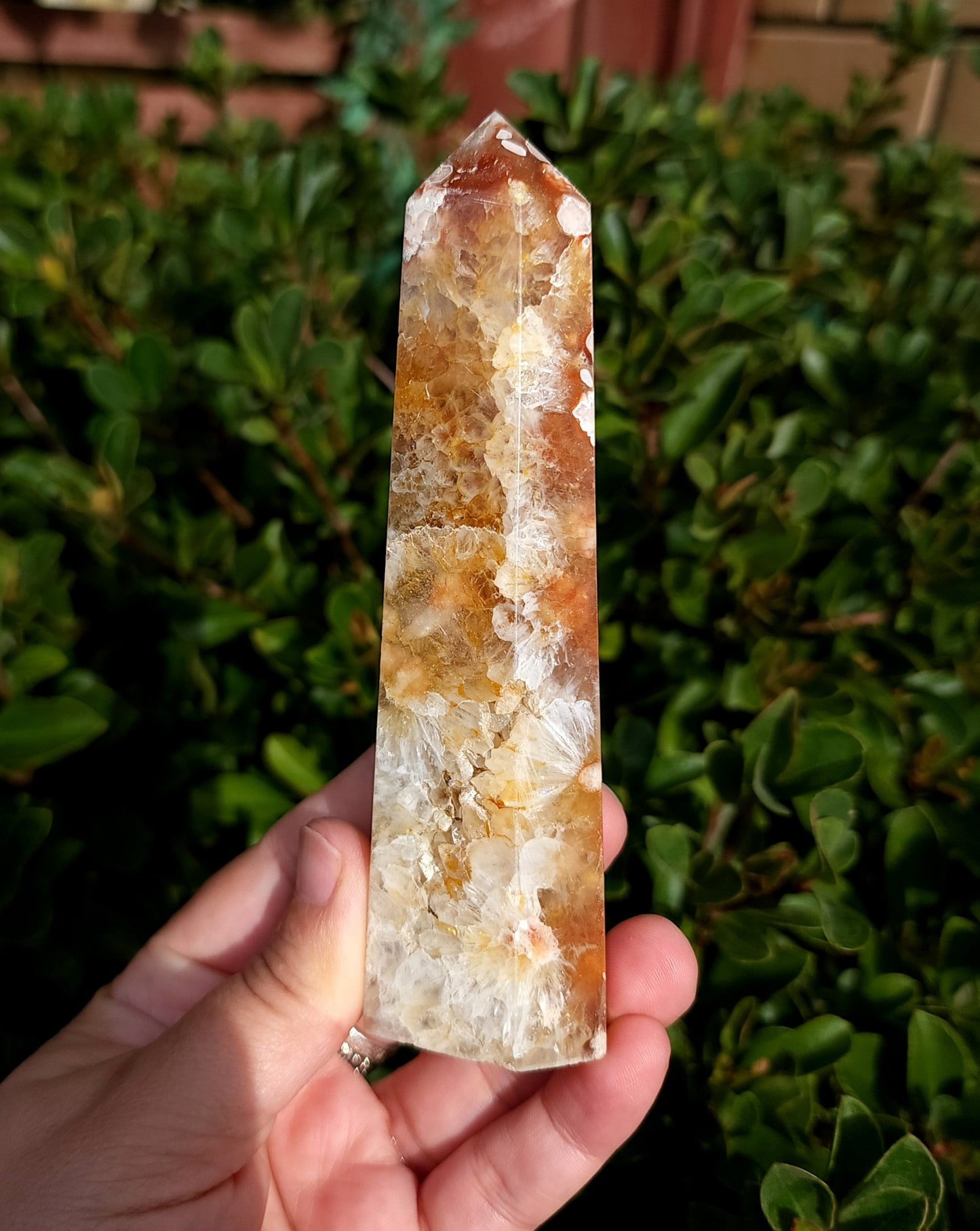Flower Agate & Golden Healer Quartz Druzy Tower