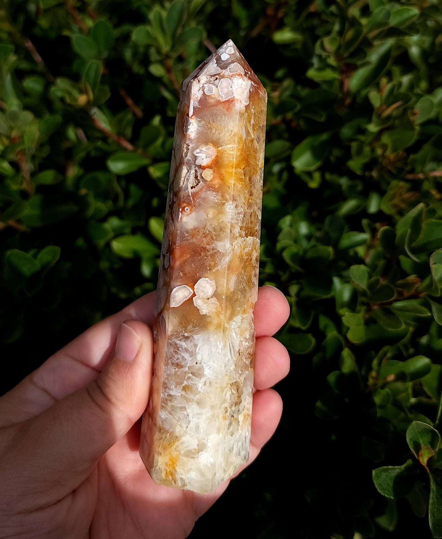 Flower Agate & Golden Healer Quartz Druzy Tower