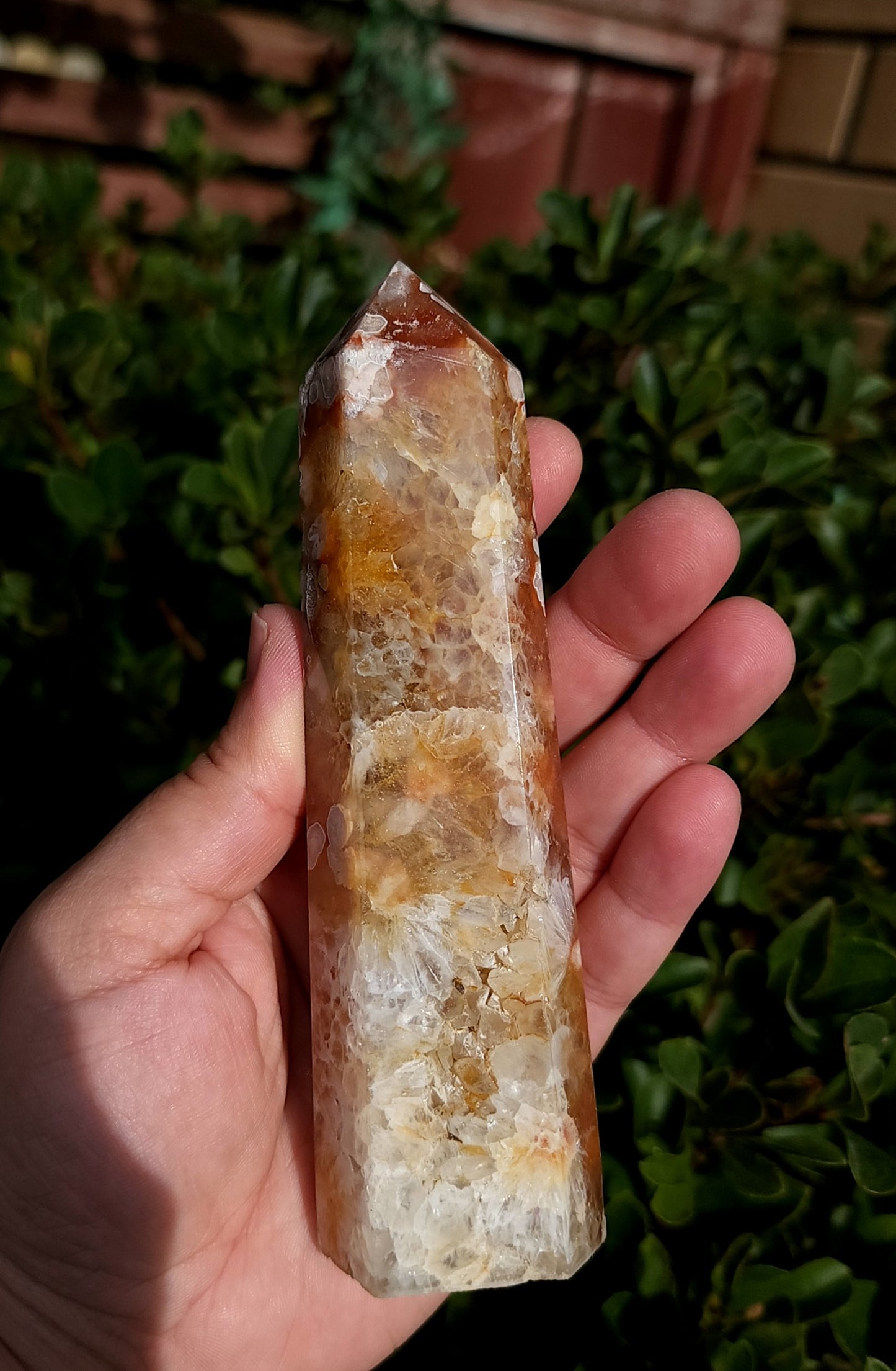 Flower Agate & Golden Healer Quartz Druzy Tower