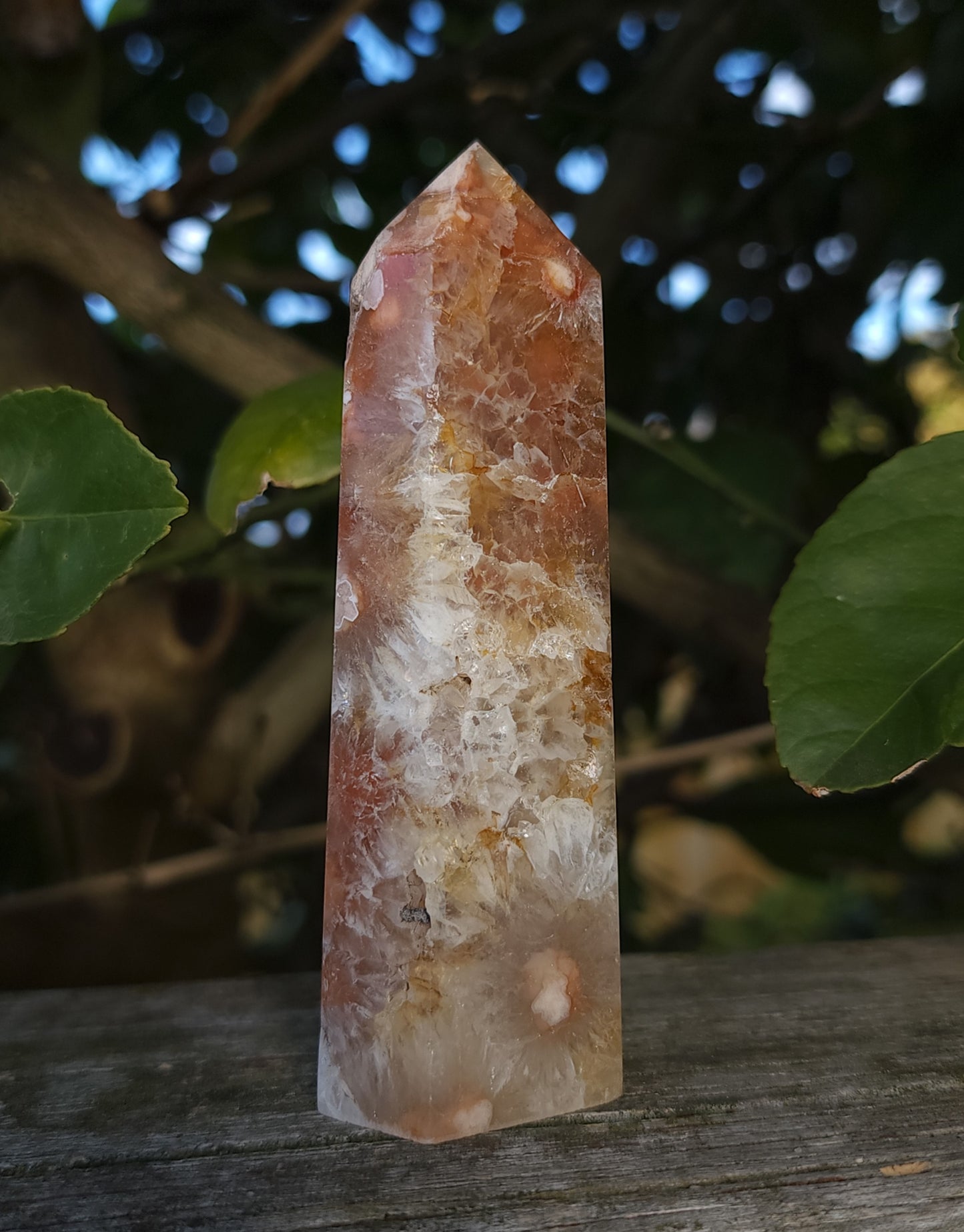 Flower Agate & Golden Healer Quartz Druzy Tower
