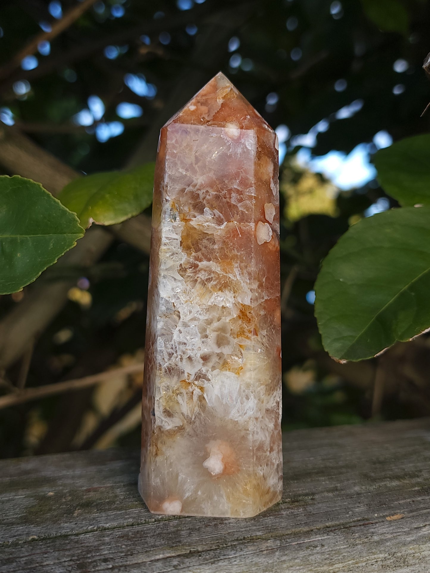 Flower Agate & Golden Healer Quartz Druzy Tower