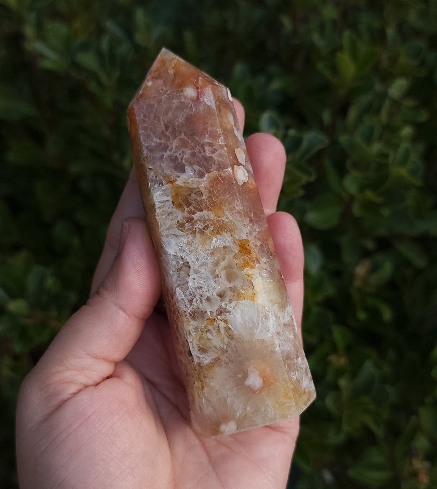 Flower Agate & Golden Healer Quartz Druzy Tower