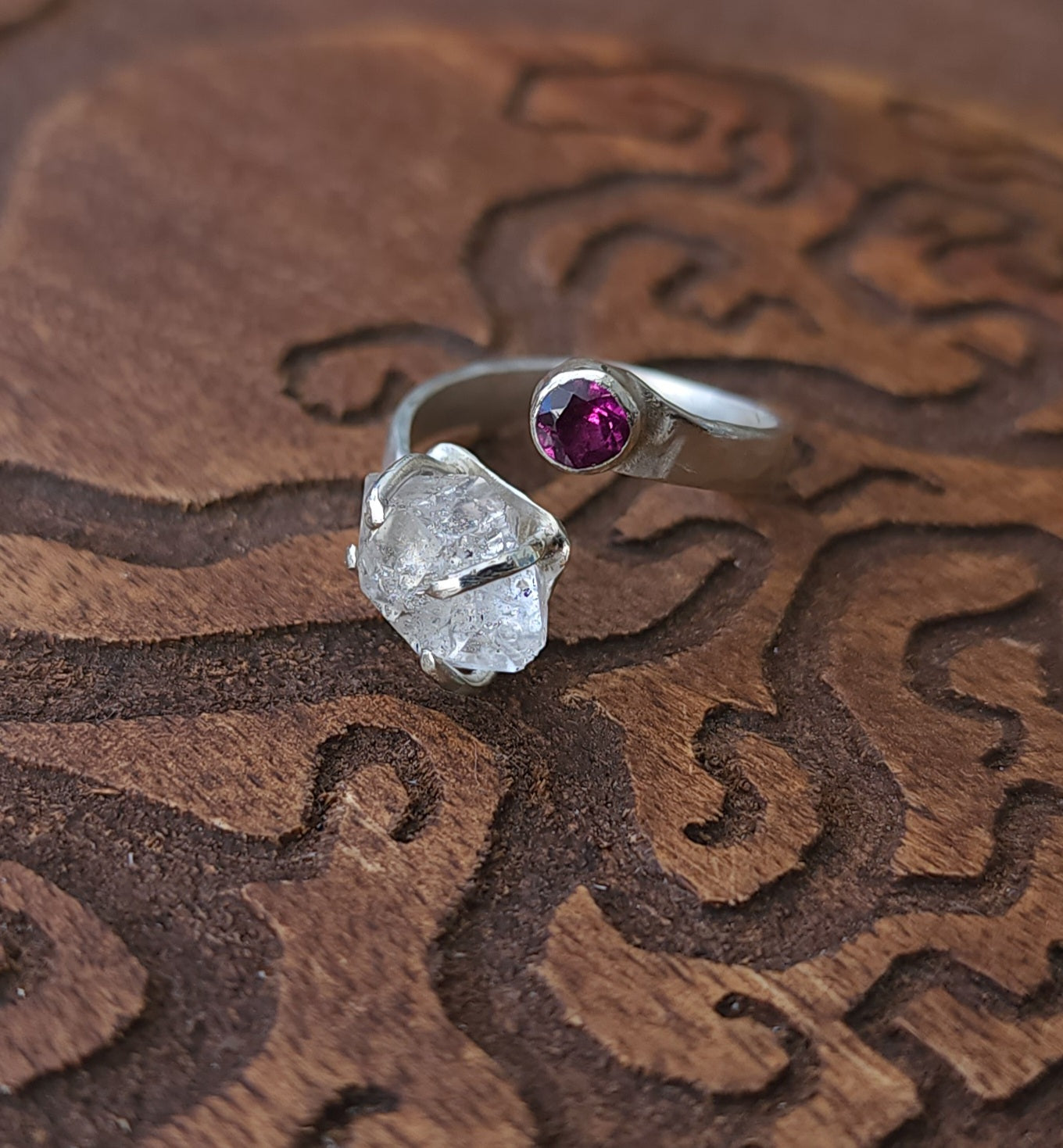 Handcrafted Adjustable Rhodolite Garnet & Double Terminated Quartz Sterling Silver Ring