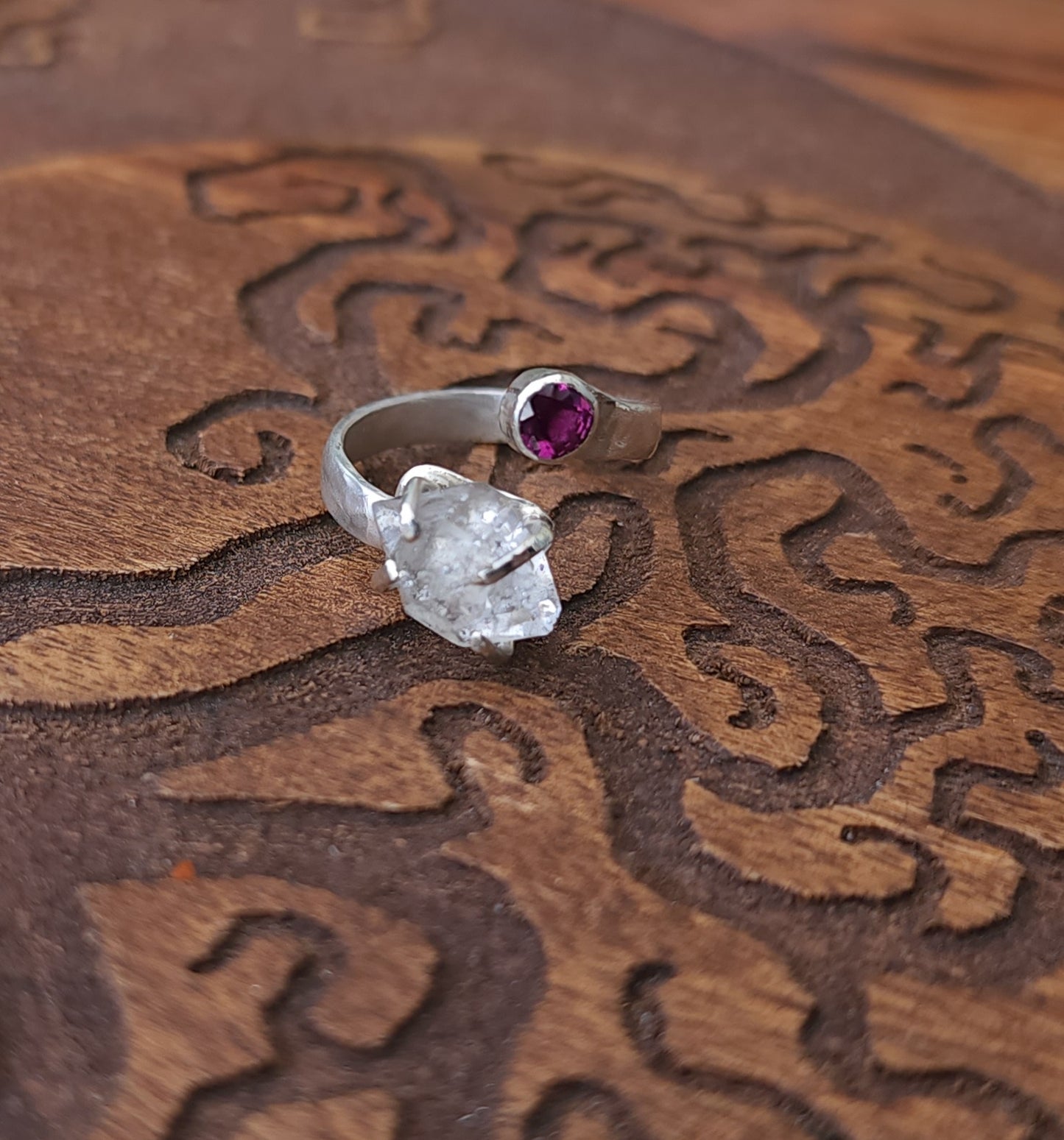 Handcrafted Adjustable Rhodolite Garnet & Double Terminated Quartz Sterling Silver Ring