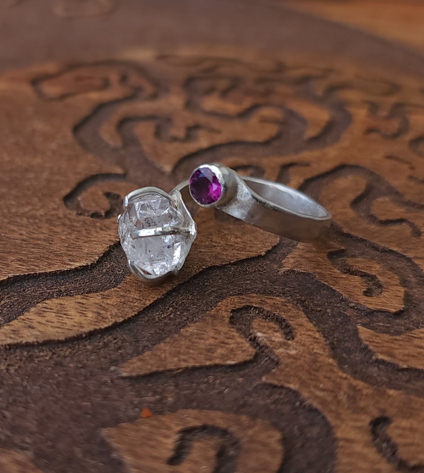 Handcrafted Adjustable Rhodolite Garnet & Double Terminated Quartz Sterling Silver Ring