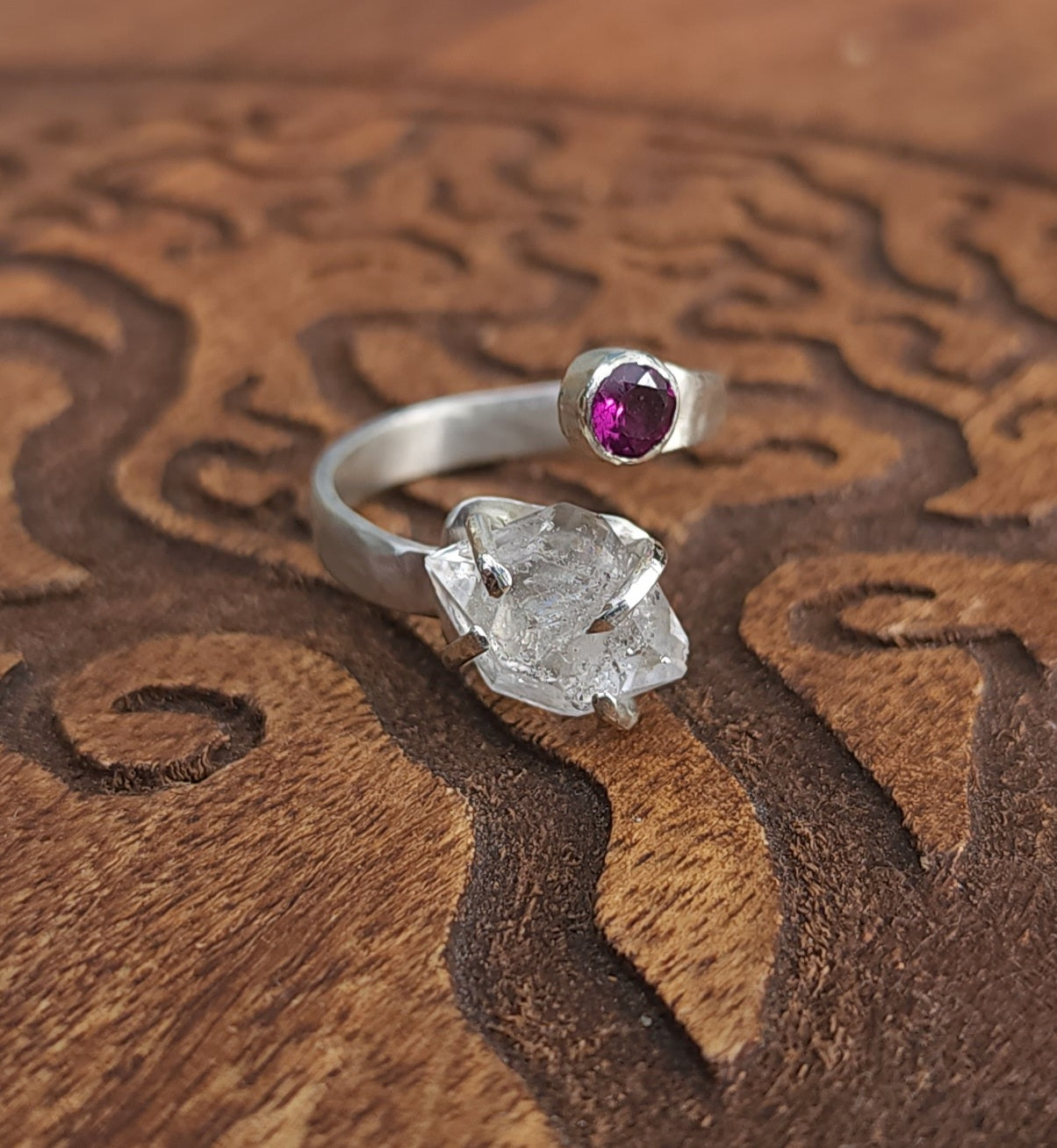 Handcrafted Adjustable Rhodolite Garnet & Double Terminated Quartz Sterling Silver Ring