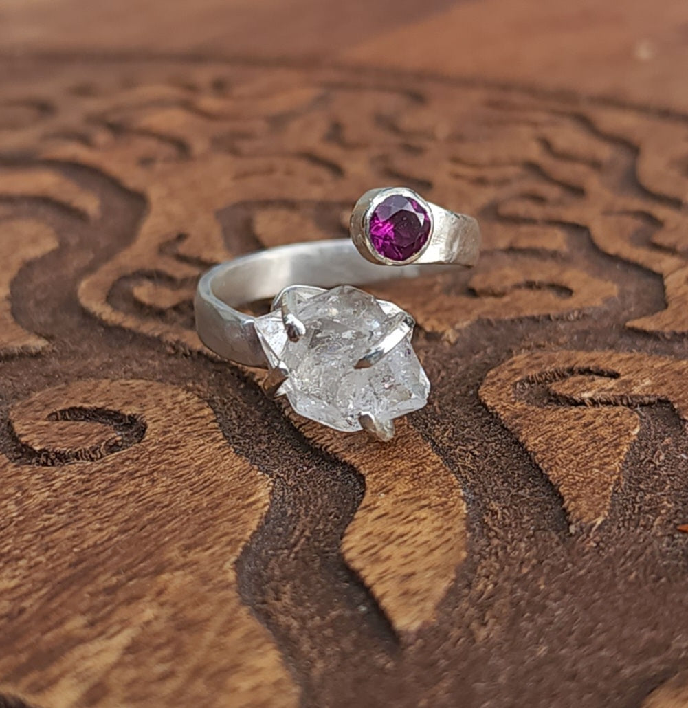 Handcrafted Adjustable Rhodolite Garnet & Double Terminated Quartz Sterling Silver Ring
