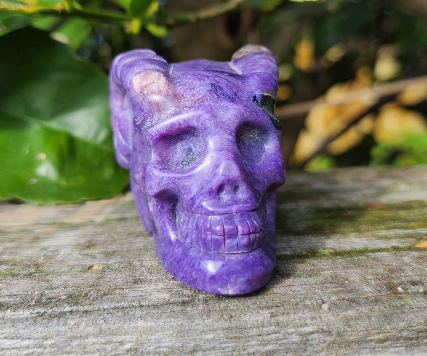 Hand Carved Charoite Horned Skull