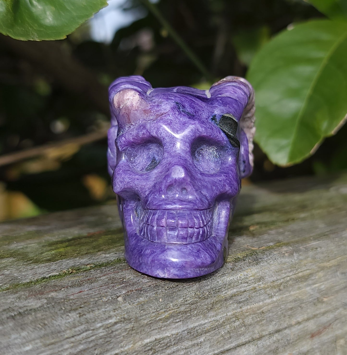 Hand Carved Charoite Horned Skull