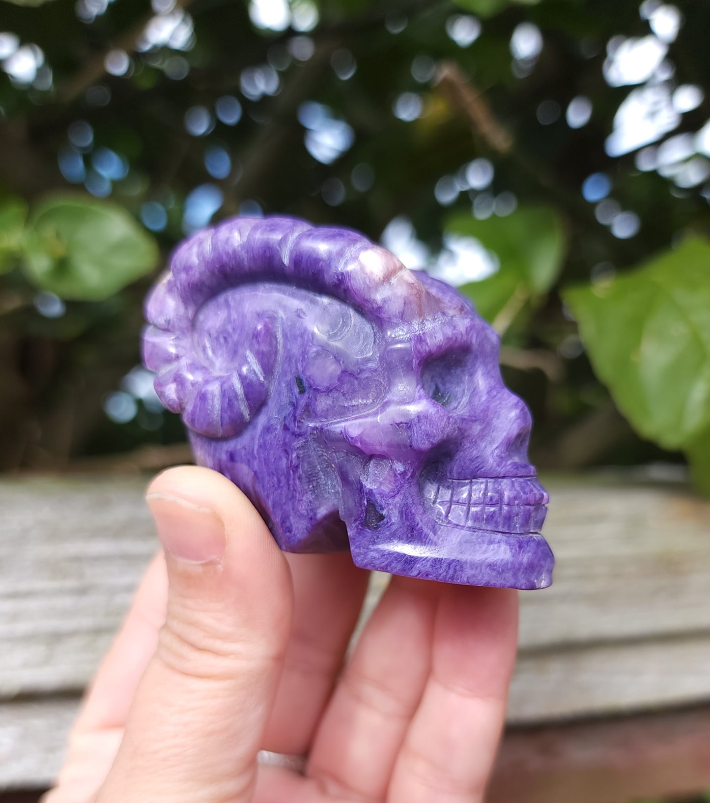 Hand Carved Charoite Horned Skull