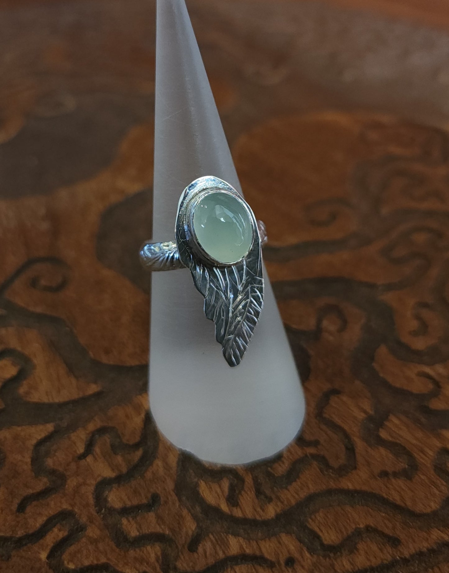 Handcrafted Blue Chalcedony Angel Wing Sterling Silver Ring - Size 6