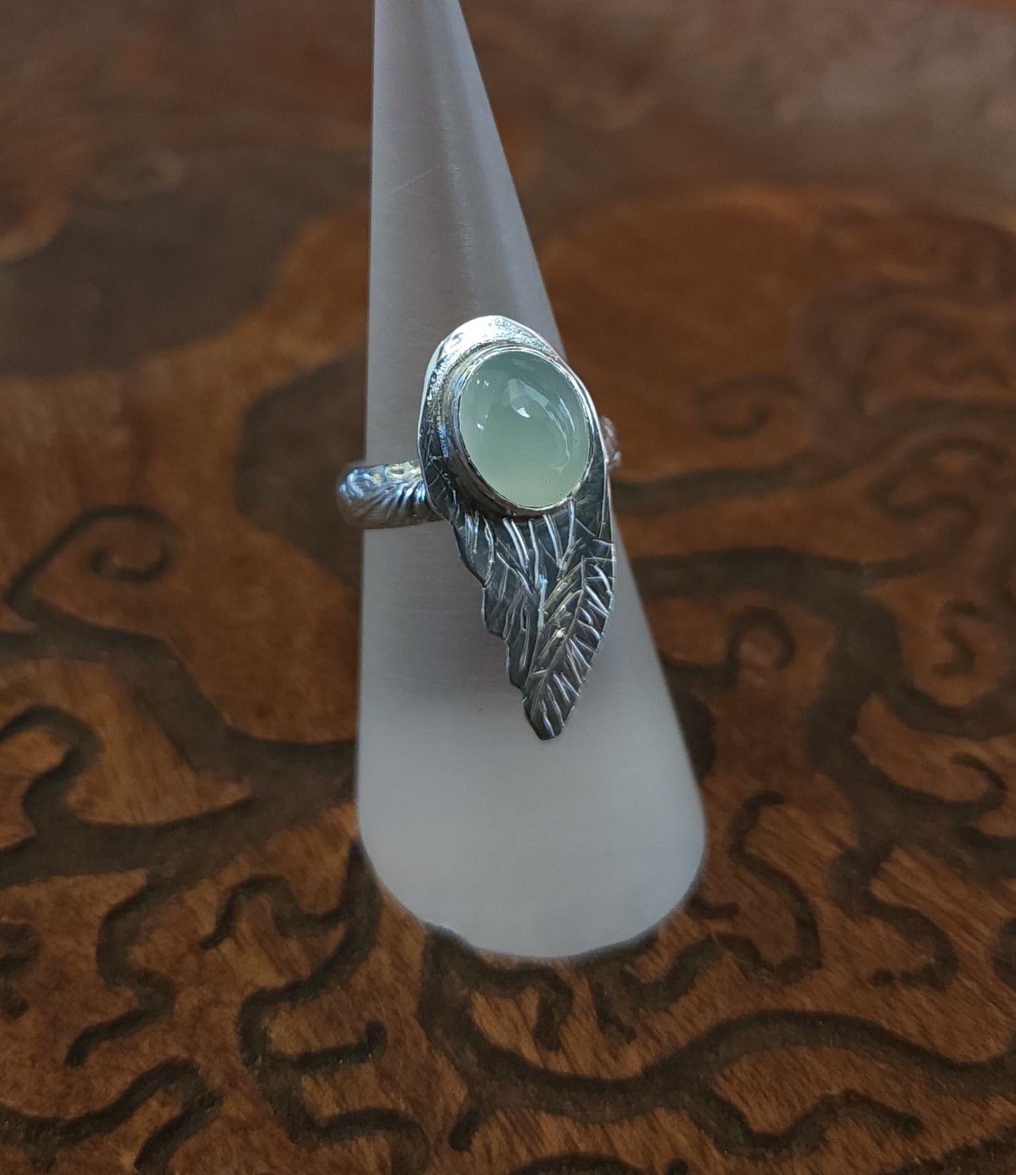Handcrafted Blue Chalcedony Angel Wing Sterling Silver Ring - Size 6