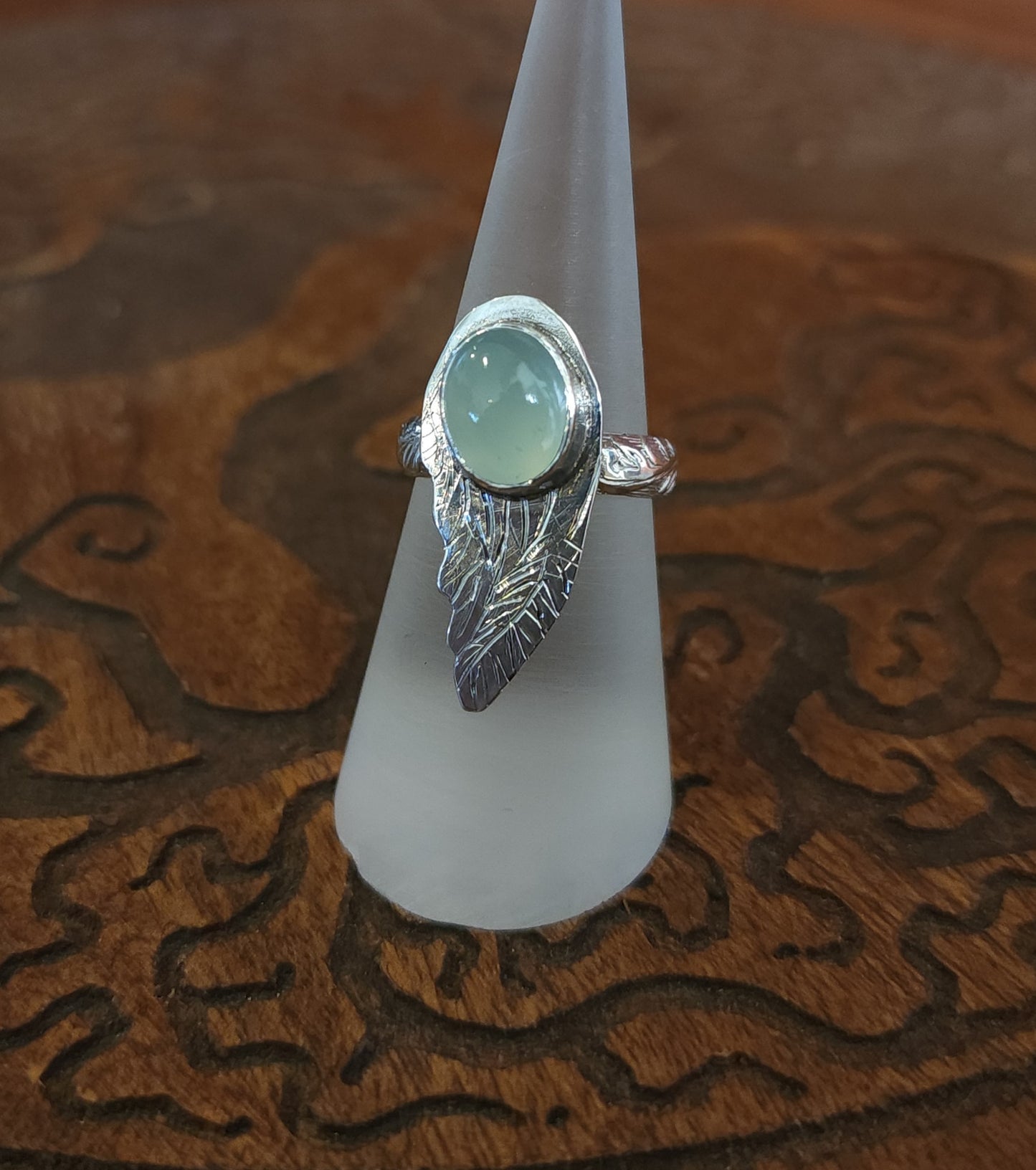 Handcrafted Blue Chalcedony Angel Wing Sterling Silver Ring - Size 6