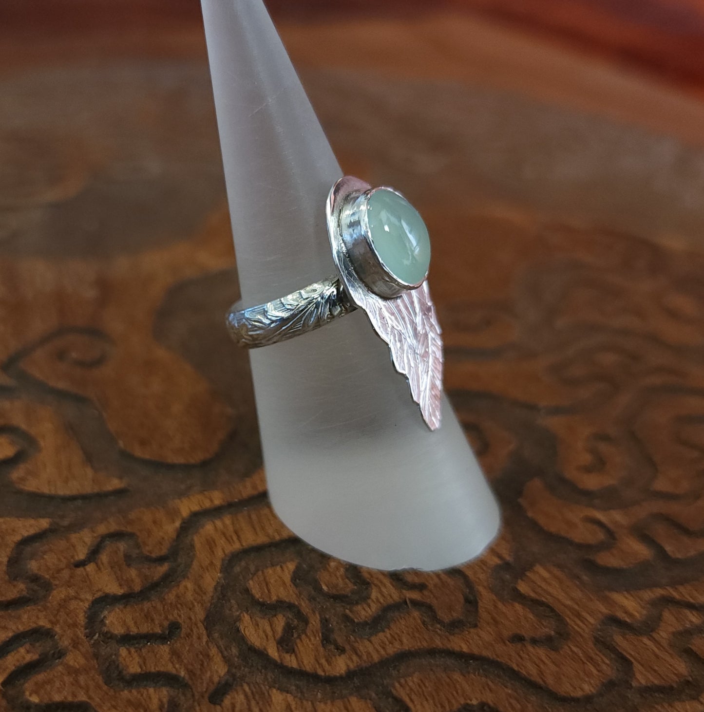 Handcrafted Blue Chalcedony Angel Wing Sterling Silver Ring - Size 6