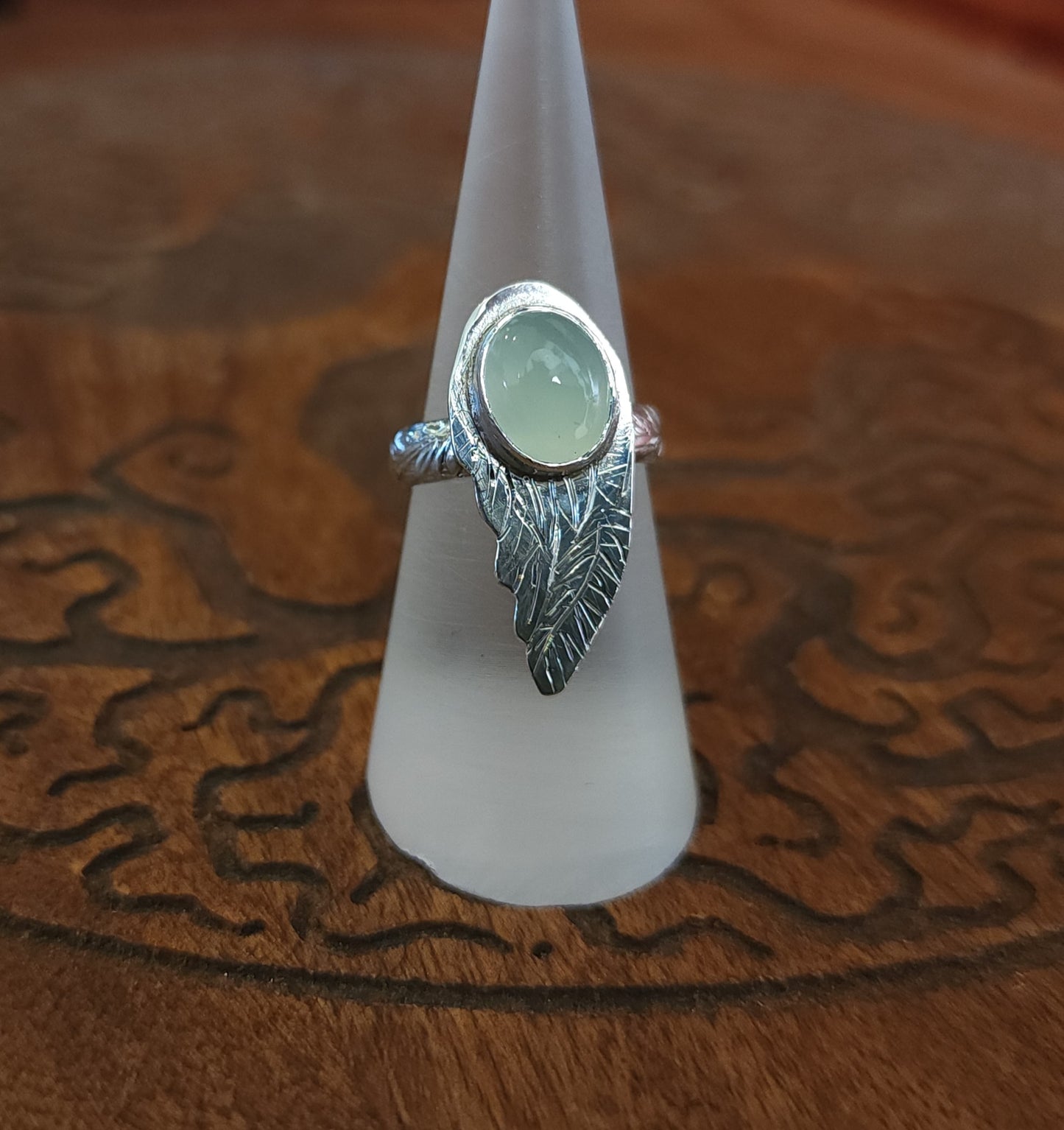 Handcrafted Blue Chalcedony Angel Wing Sterling Silver Ring - Size 6