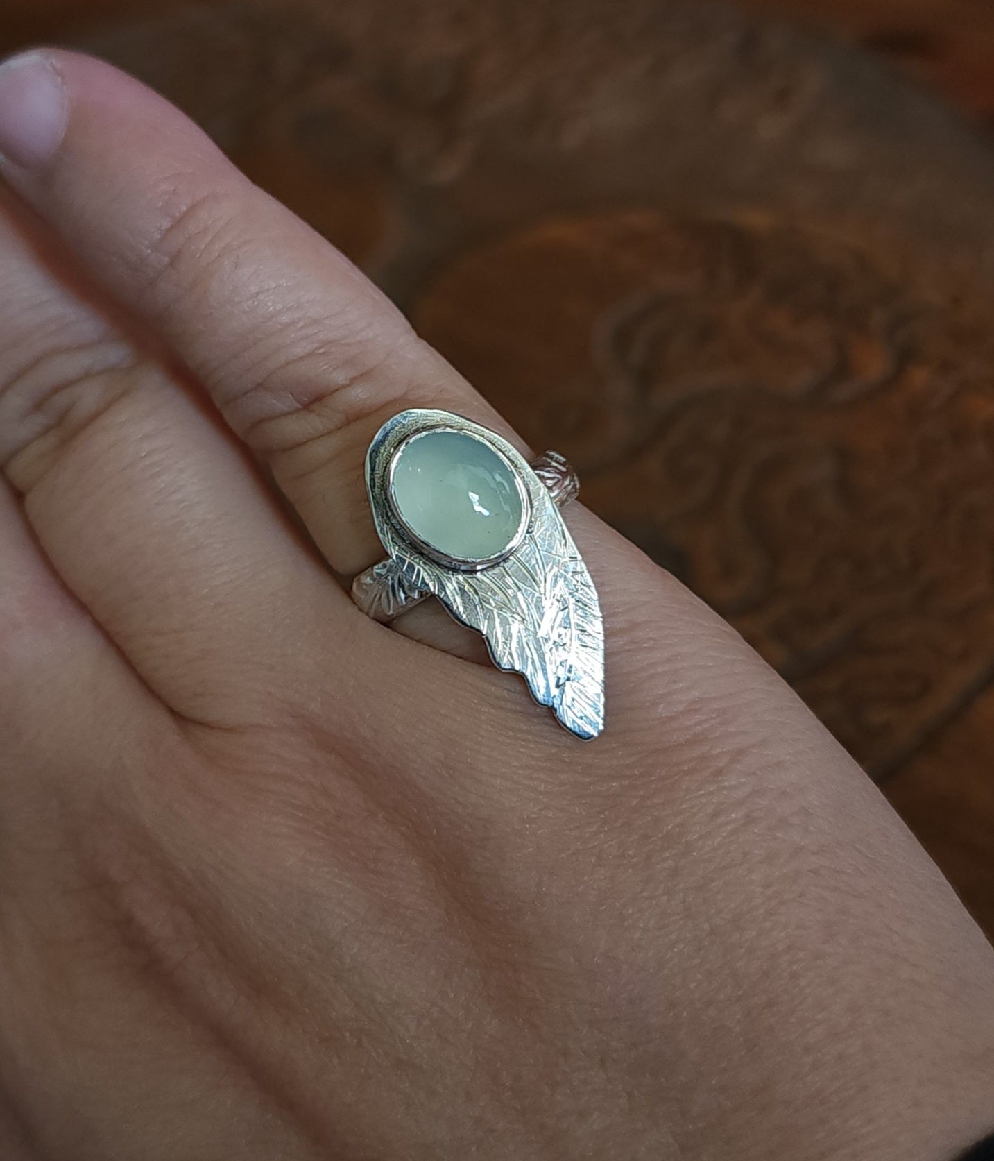 Handcrafted Blue Chalcedony Angel Wing Sterling Silver Ring - Size 6
