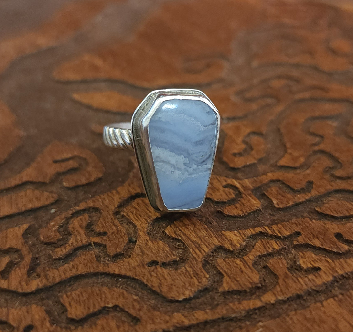 Handcrafted Blue Lace Agate Sterling Silver Ring - Size 7.25