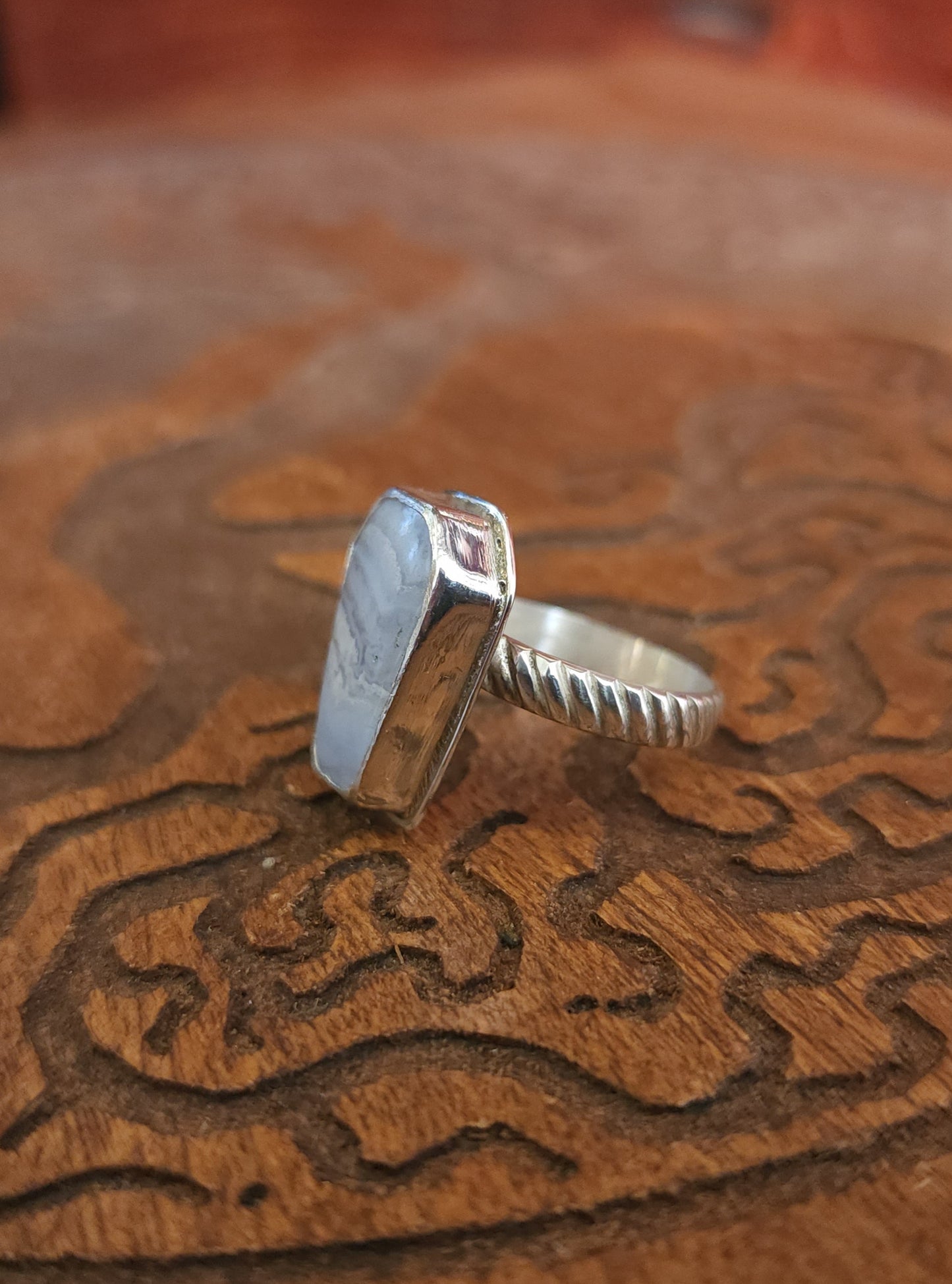 Handcrafted Blue Lace Agate Sterling Silver Ring - Size 7.25