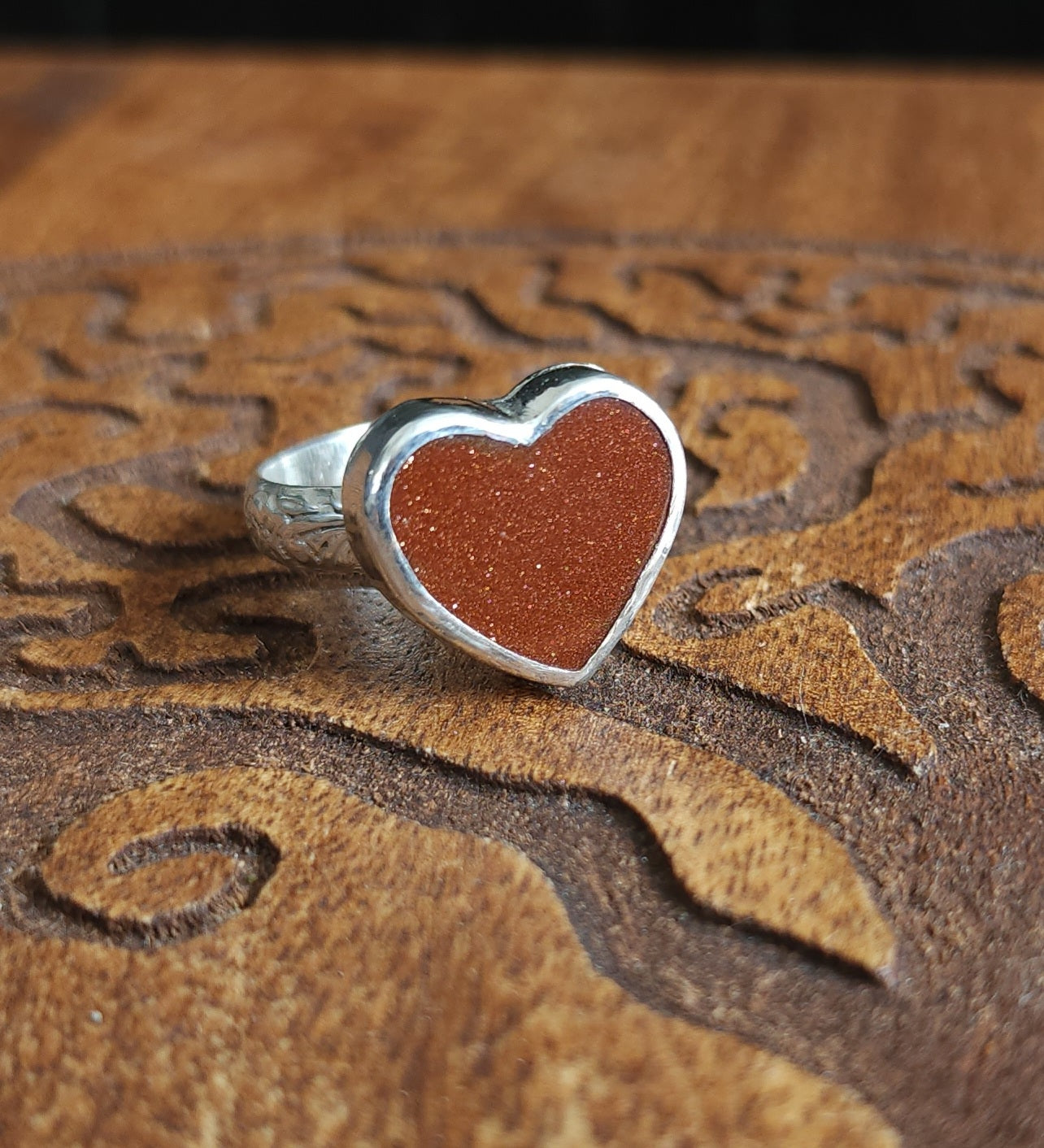 Handcrafted Goldstone Heart in Sterling Silver Ring - Size 6.5