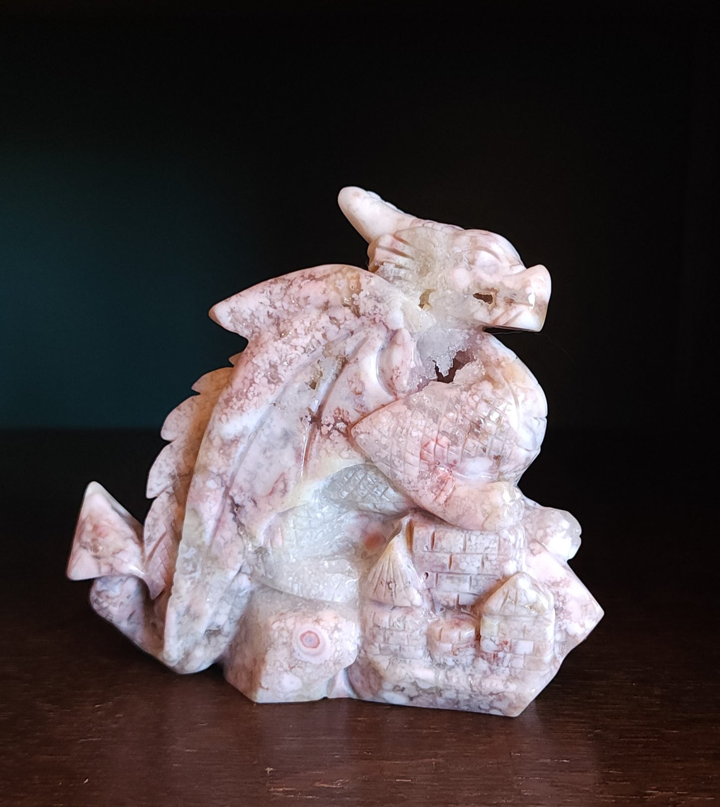 Cherry Blossom Agate Dragon with Quartz Druzy