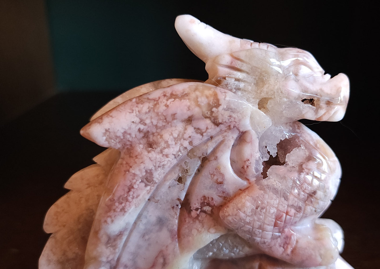 Cherry Blossom Agate Dragon with Quartz Druzy