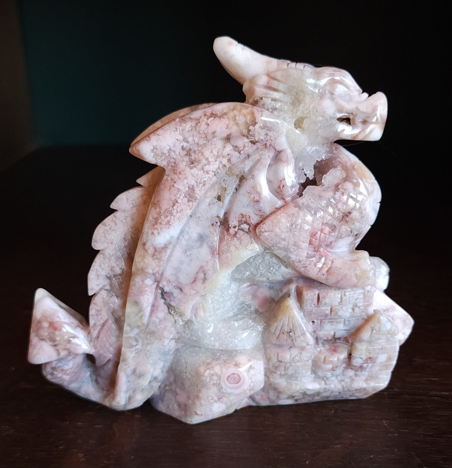 Cherry Blossom Agate Dragon with Quartz Druzy