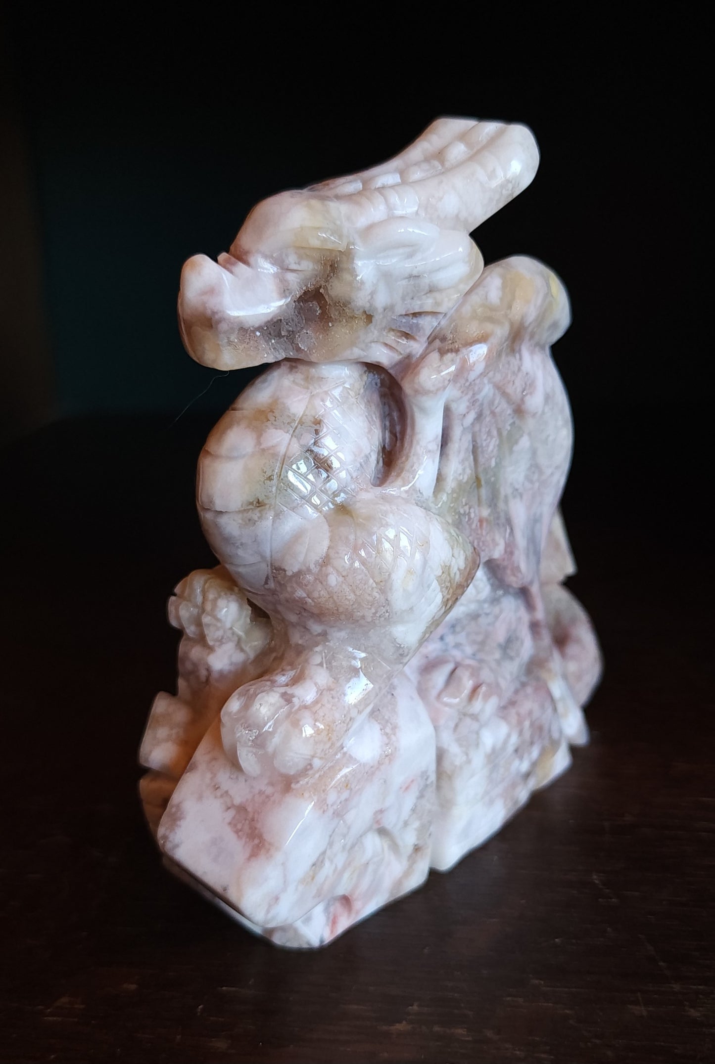 Cherry Blossom Agate Dragon with Quartz Druzy