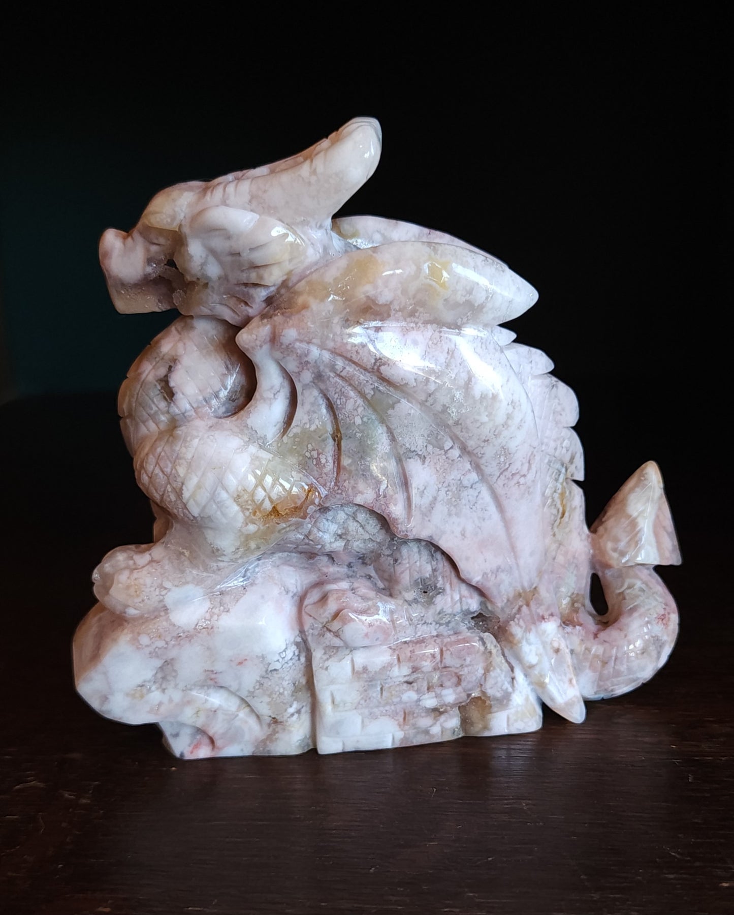 Cherry Blossom Agate Dragon with Quartz Druzy