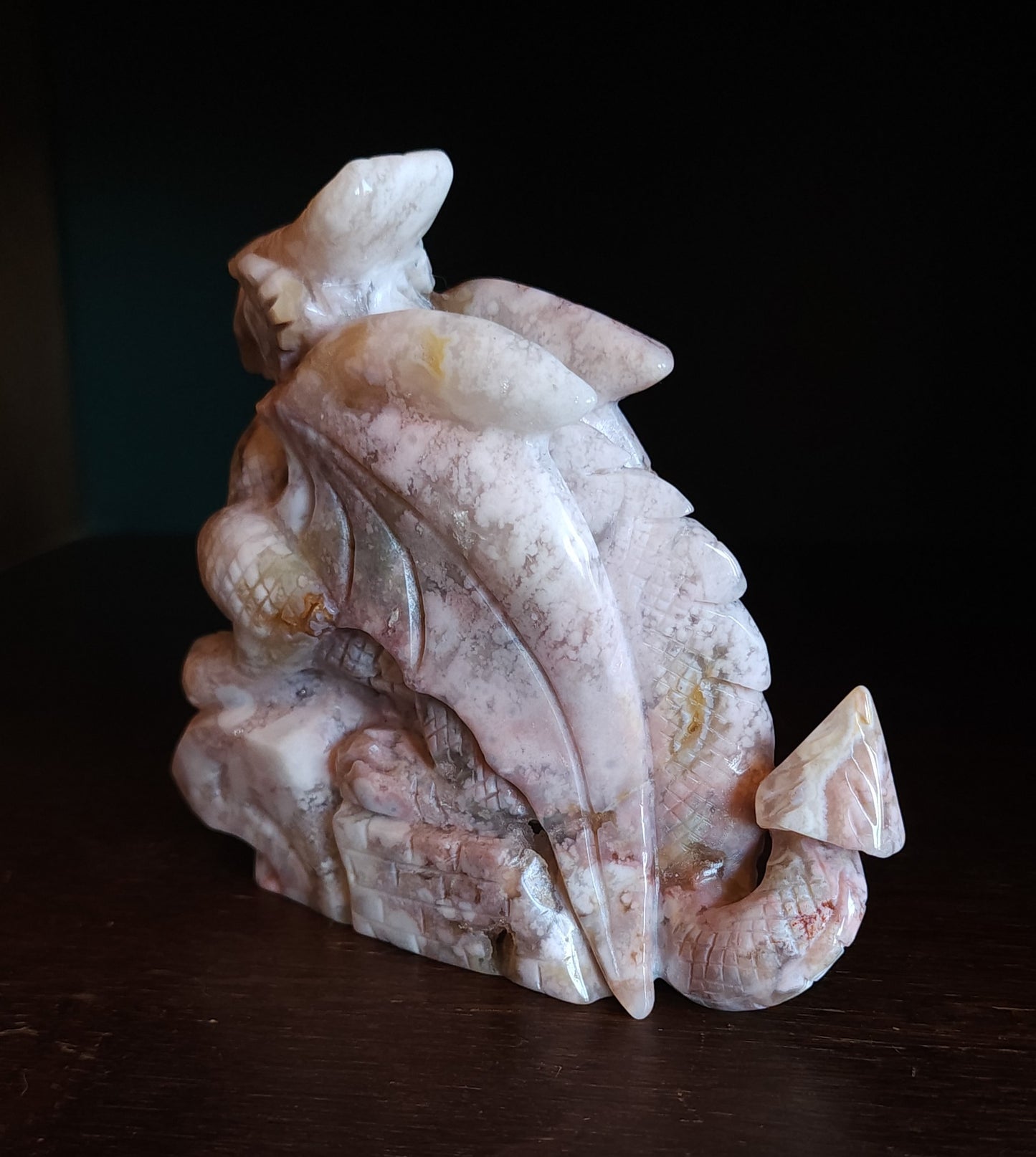 Cherry Blossom Agate Dragon with Quartz Druzy