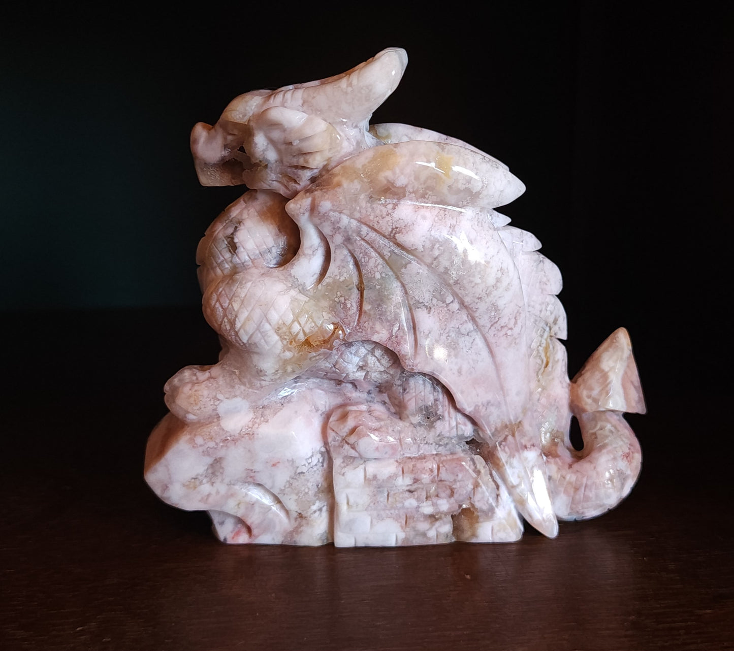 Cherry Blossom Agate Dragon with Quartz Druzy