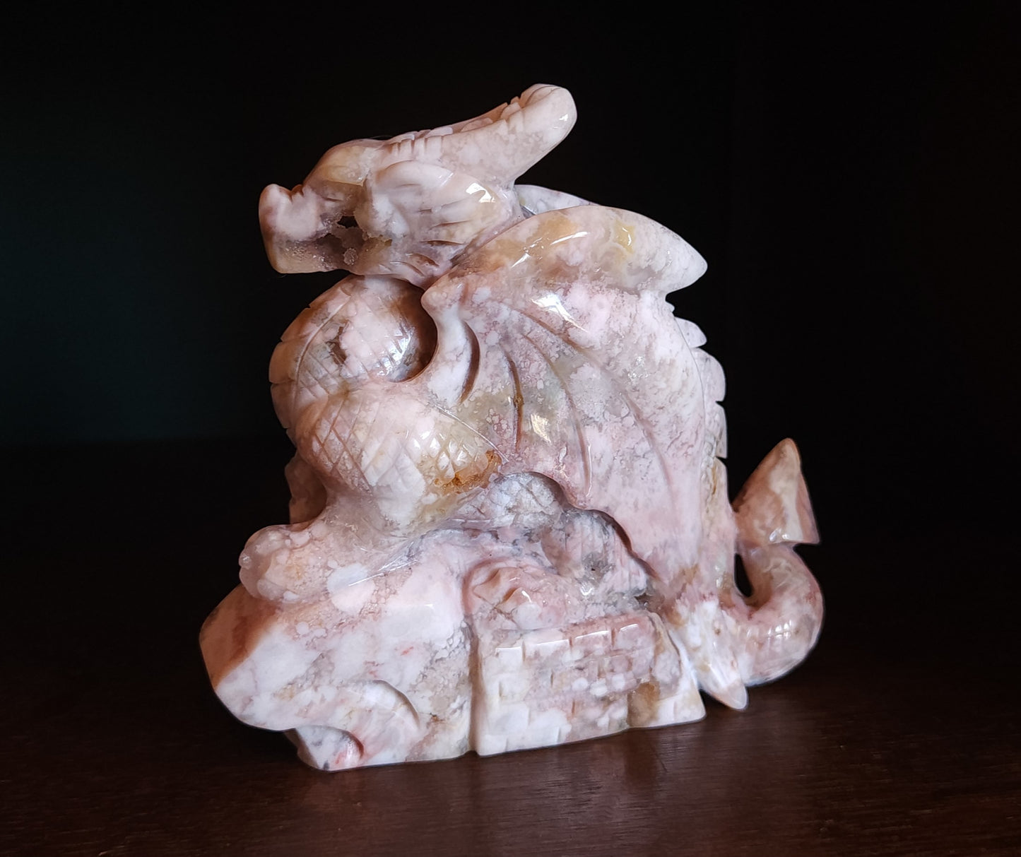 Cherry Blossom Agate Dragon with Quartz Druzy