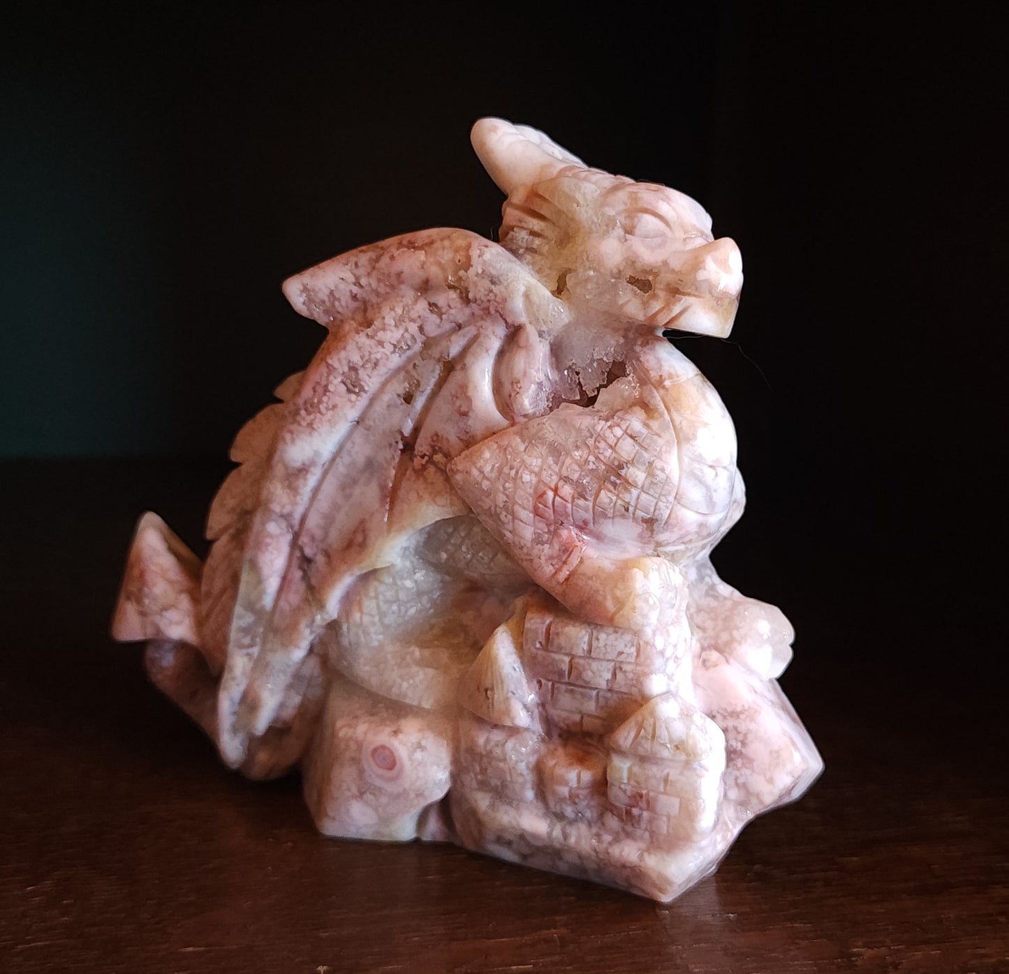 Cherry Blossom Agate Dragon with Quartz Druzy